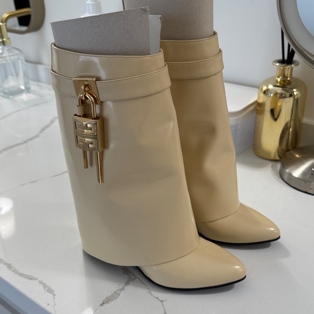 Givenchy Cream Patent Leather Cone Heel Ankle Boots with Gold Padlock